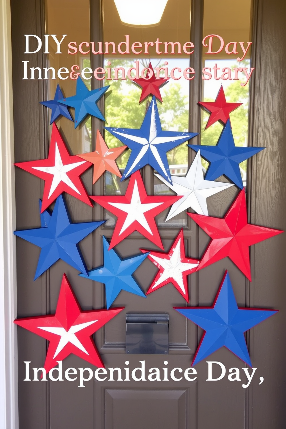 A charming front door display celebrating Independence Day features a collection of DIY painted wooden stars in red, white, and blue. The stars are arranged in a playful pattern, creating a festive and welcoming atmosphere for guests.