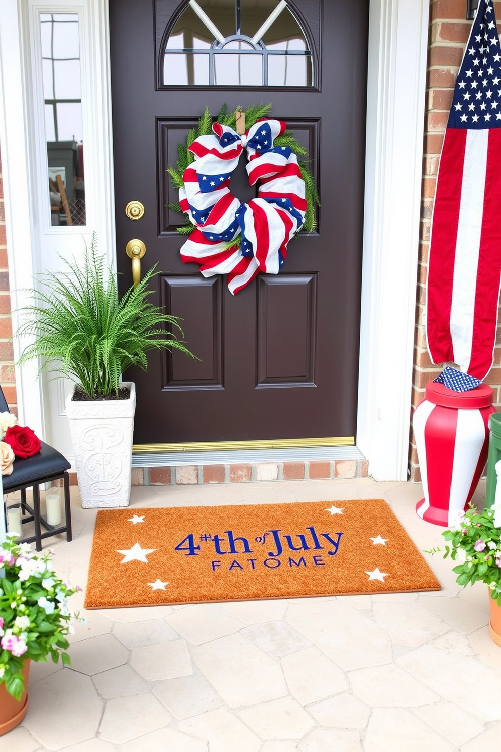 A festive front porch setting featuring a Fourth of July themed door mat that showcases vibrant red white and blue colors. The door mat is adorned with stars and stripes symbolizing Independence Day and is placed in front of a welcoming front door decorated with a patriotic wreath.