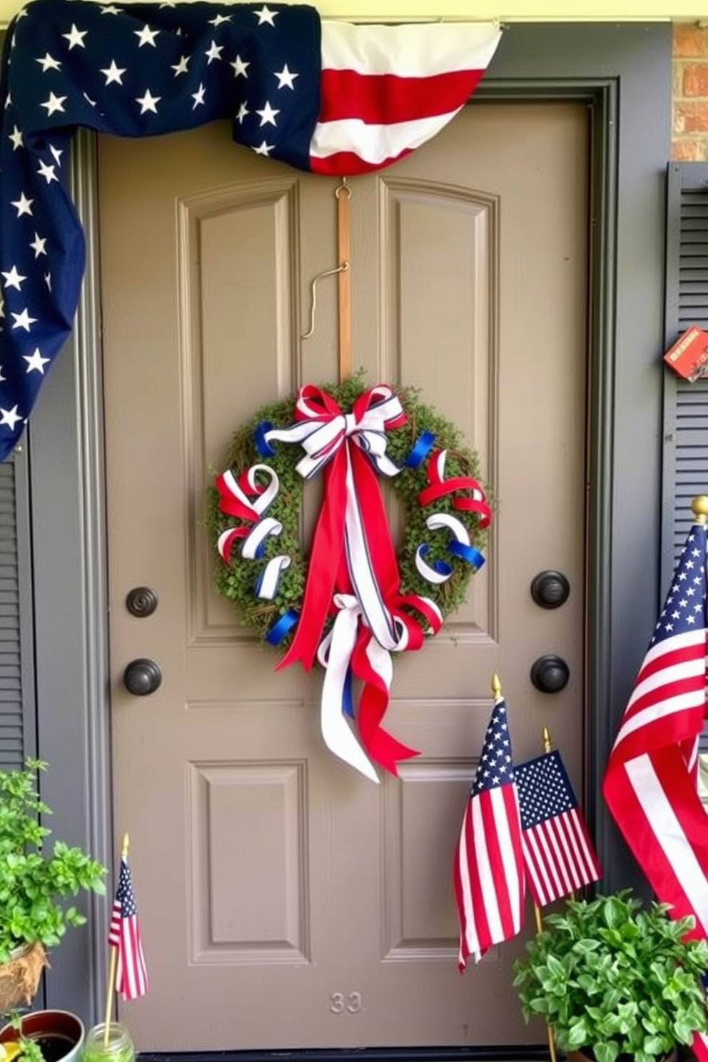 A charming front door adorned with vintage Americana decorations celebrating Independence Day. The door features a large, weathered wooden wreath decorated with red, white, and blue ribbons, and small flags are positioned around the entrance.