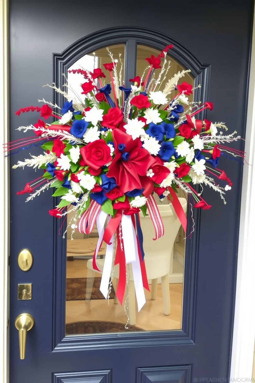 A vibrant door garland inspired by fireworks bursts with colors of red, white, and blue. The arrangement features a mix of faux flowers, ribbons, and sparkling elements to create a festive look for Independence Day.