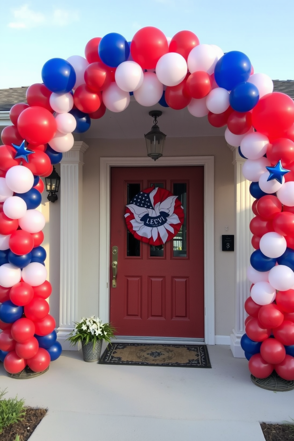 Create a festive entrance for Independence Day with a vibrant red white and blue balloon arch that frames the front door. The arch should be adorned with stars and stripes accents to enhance the patriotic theme and create a welcoming atmosphere for guests.