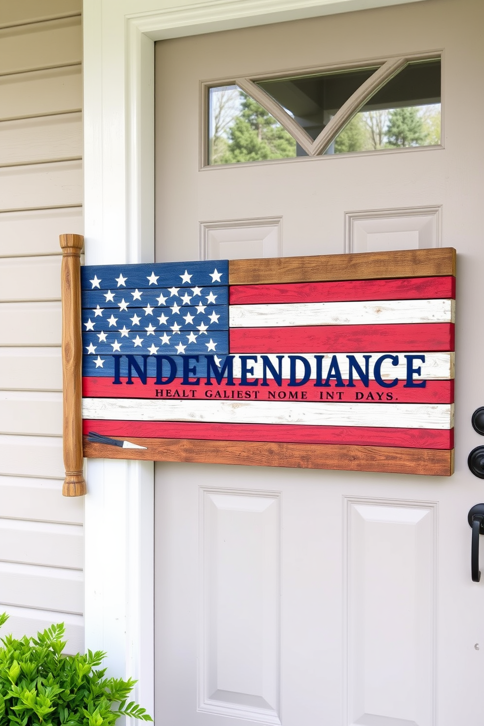 A charming front door adorned with a rustic wooden flag decoration celebrating Independence Day. The flag is handcrafted from reclaimed wood, featuring a weathered finish with vibrant red, white, and blue colors, perfectly complementing the surrounding greenery.