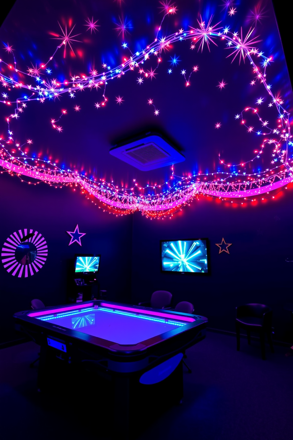 A vibrant game room adorned with red white and blue LED lighting to celebrate Independence Day. The walls are painted in a deep navy blue, and the ceiling features a stunning array of twinkling LED lights that create a festive atmosphere.