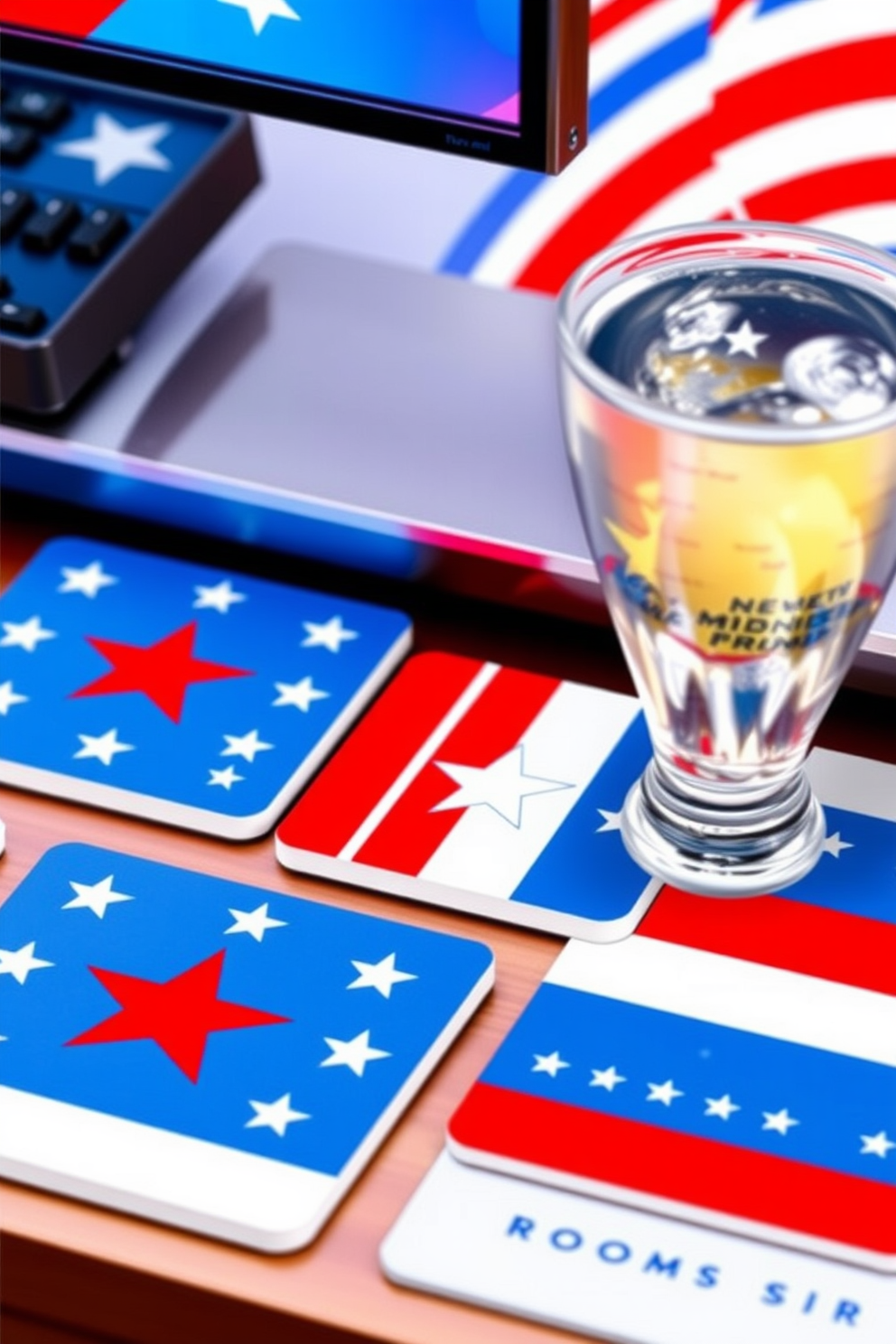 Create a set of patriotic drink coasters designed for a gaming room celebrating Independence Day. The coasters feature vibrant red, white, and blue colors with stars and stripes patterns, perfectly complementing a modern gaming setup.