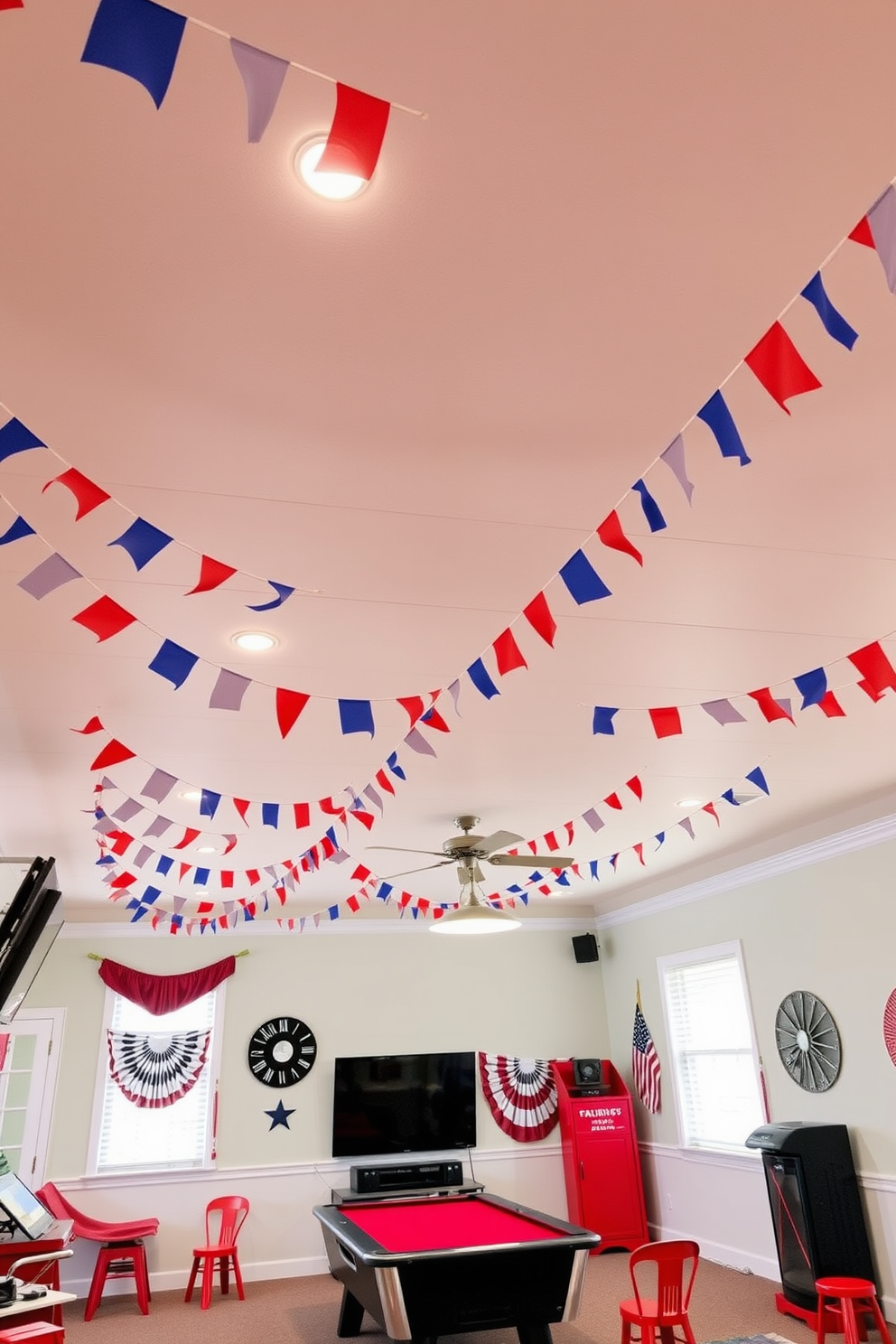 A vibrant game room decorated for Independence Day features colorful festive bunting strung across the ceiling. The walls are adorned with red, white, and blue accents, creating a lively atmosphere perfect for celebrating the holiday.