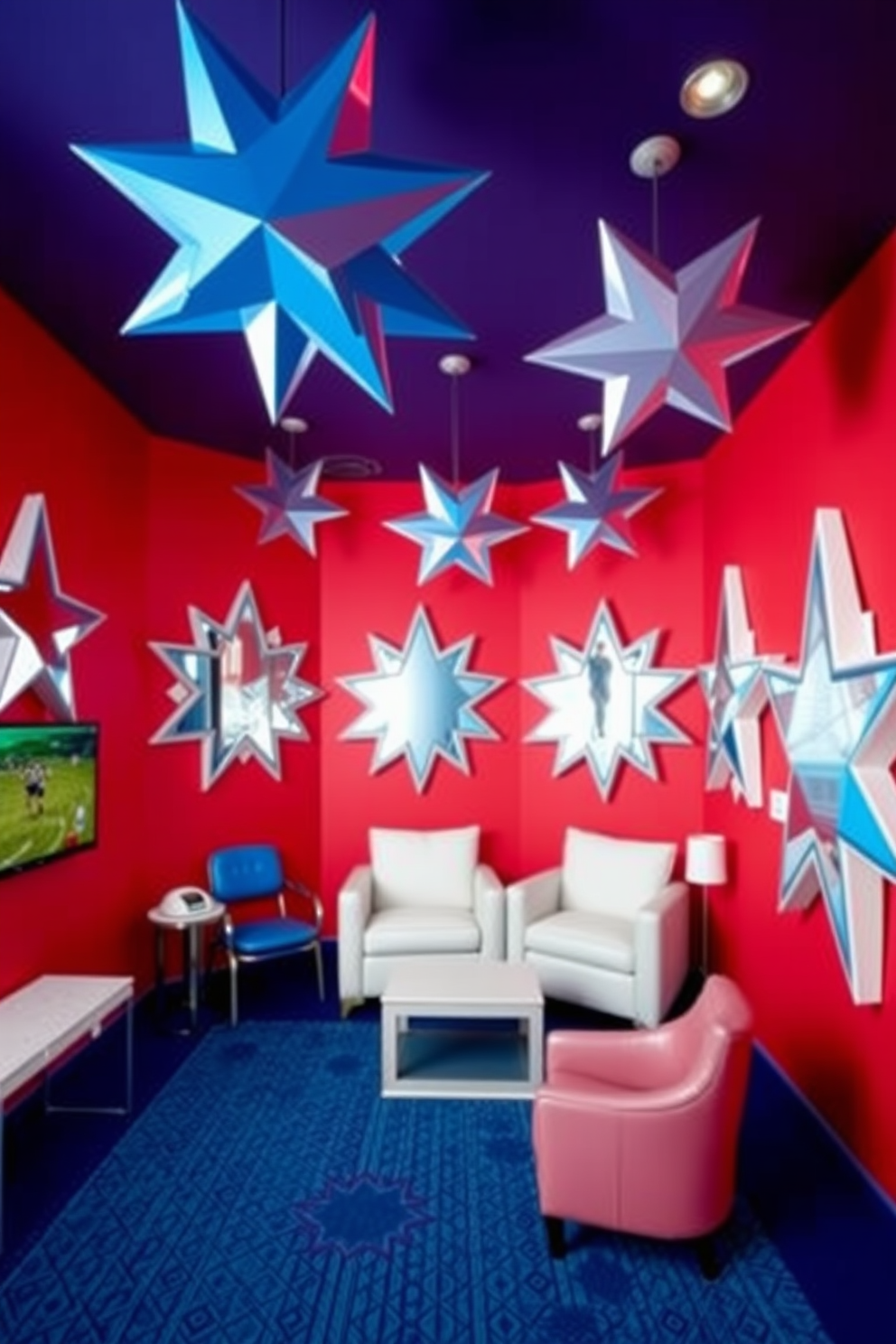 A vibrant game room featuring star shaped wall mirrors for decor. The walls are painted in a bold red hue, complemented by blue accents and white furniture.