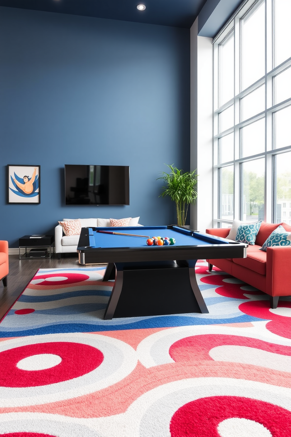 A vibrant game room featuring a large red white and blue area rug that adds a festive touch to the space. The rug is positioned under a sleek pool table surrounded by comfortable seating in coordinating colors.