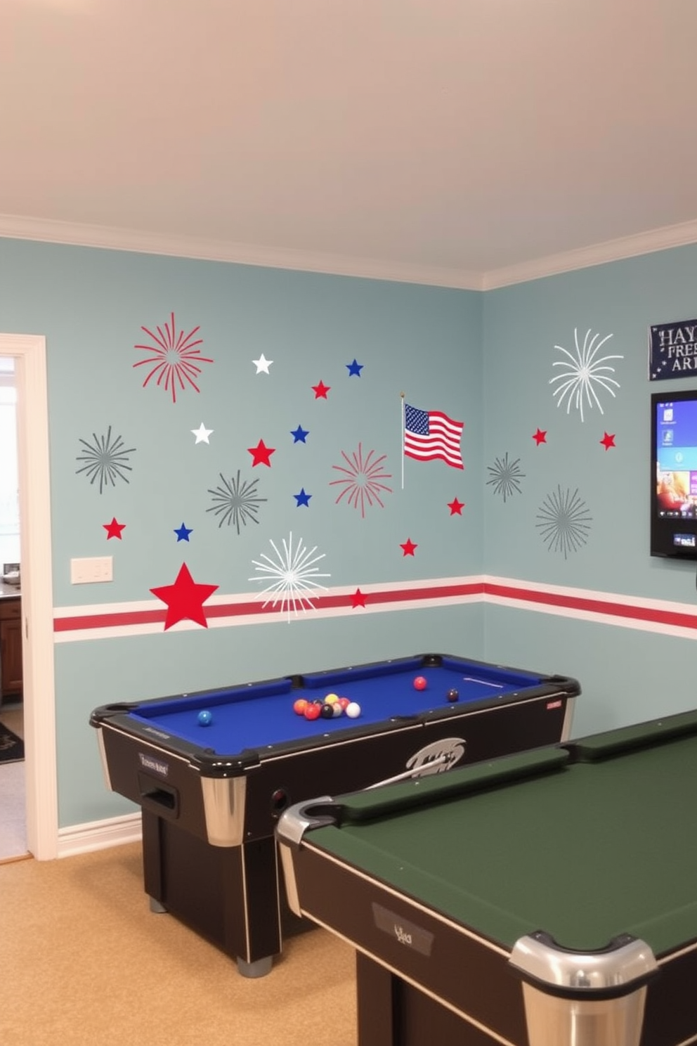 Themed wall decals featuring stars and stripes create a festive atmosphere in the game room. Bold colors and patriotic designs enhance the space, making it perfect for celebrating Independence Day. Incorporate decals of fireworks and iconic symbols like the American flag to add excitement. These easy-to-apply decorations transform the room into a vibrant gathering spot for friends and family.