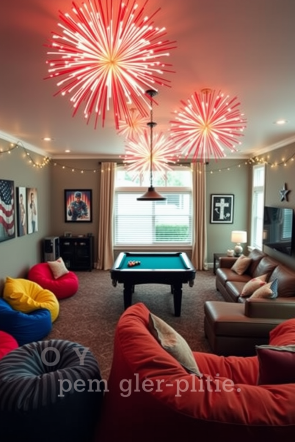 A vibrant game room featuring DIY fireworks ceiling hanging decorations for Independence Day. The room is filled with colorful bean bags and a large sectional sofa, creating a cozy atmosphere for friends and family to gather. The walls are adorned with patriotic-themed artwork and string lights that add a festive touch. A pool table sits in the center, surrounded by playful decor that enhances the celebratory spirit of the holiday.