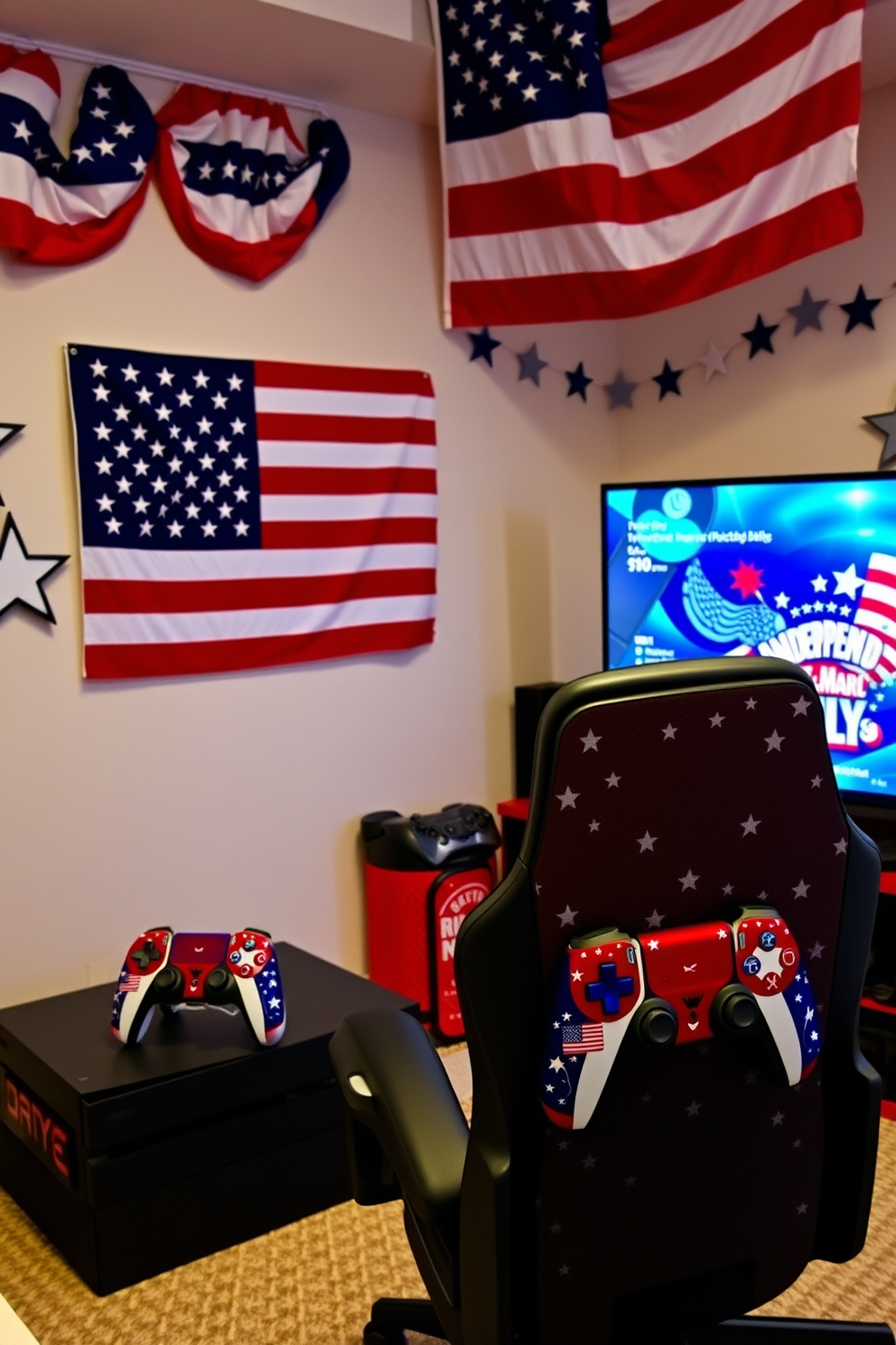 A patriotic themed gaming room featuring console skins adorned with red white and blue designs. The walls are decorated with stars and stripes while a large American flag hangs as a focal point. The gaming setup includes a sleek black console and controllers with custom skins that celebrate Independence Day. A comfortable gaming chair sits in front of a large screen displaying festive graphics, creating an immersive experience.