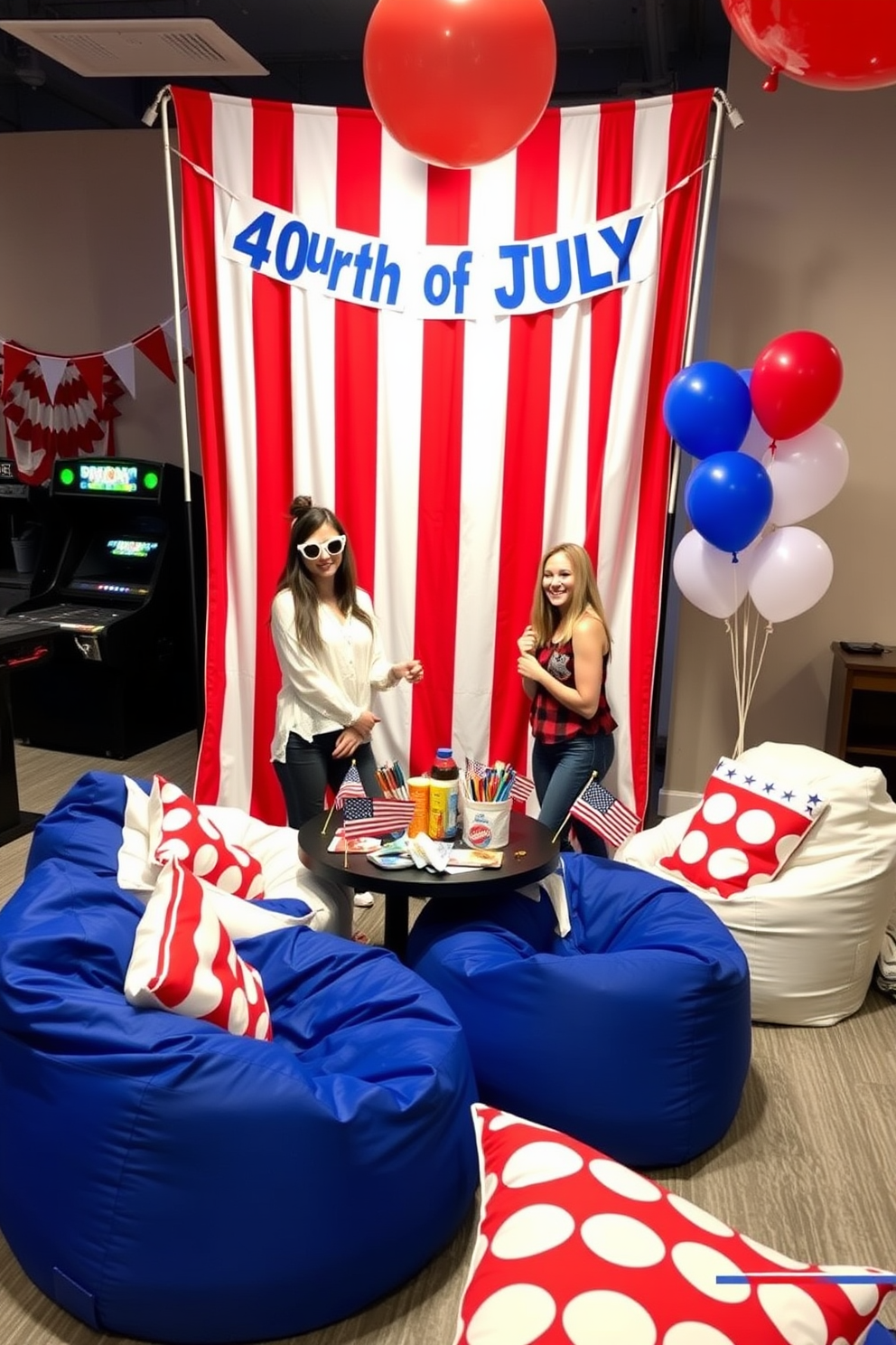 A festive Fourth of July photo booth corner is set up with a vibrant backdrop featuring red white and blue stripes. A collection of fun props such as star-shaped sunglasses and mini American flags are arranged on a nearby table for guests to use. The game room is decorated with themed accents including a patriotic banner and red white and blue balloons. A cozy seating area is created with bean bags and cushions in festive colors inviting friends and family to gather and celebrate.