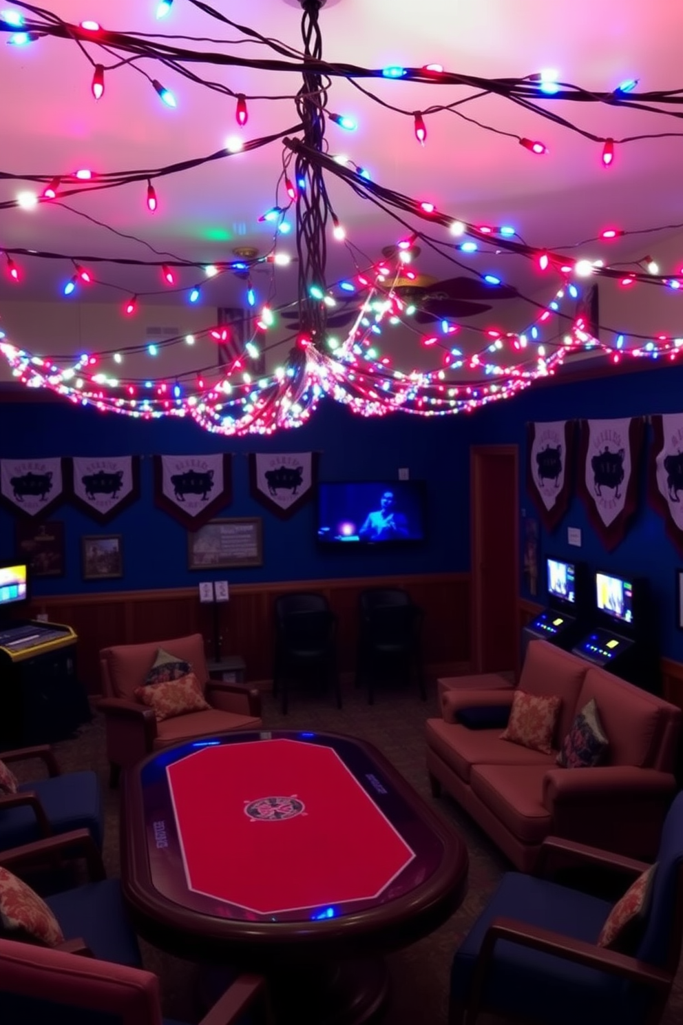 A vibrant game room adorned with festive string lights that twinkle in red white and blue. The walls are decorated with patriotic banners and the furniture features comfortable seating arranged around a large gaming table.