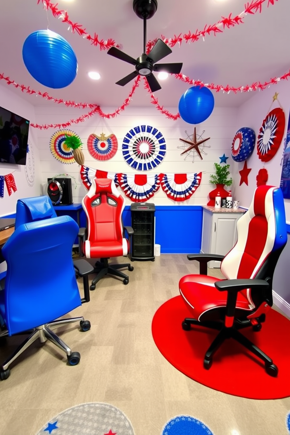 Create a vibrant game room decorated for Independence Day featuring red white and blue gaming chairs. The walls are adorned with festive decorations and the floor is covered with a playful rug that complements the color scheme.