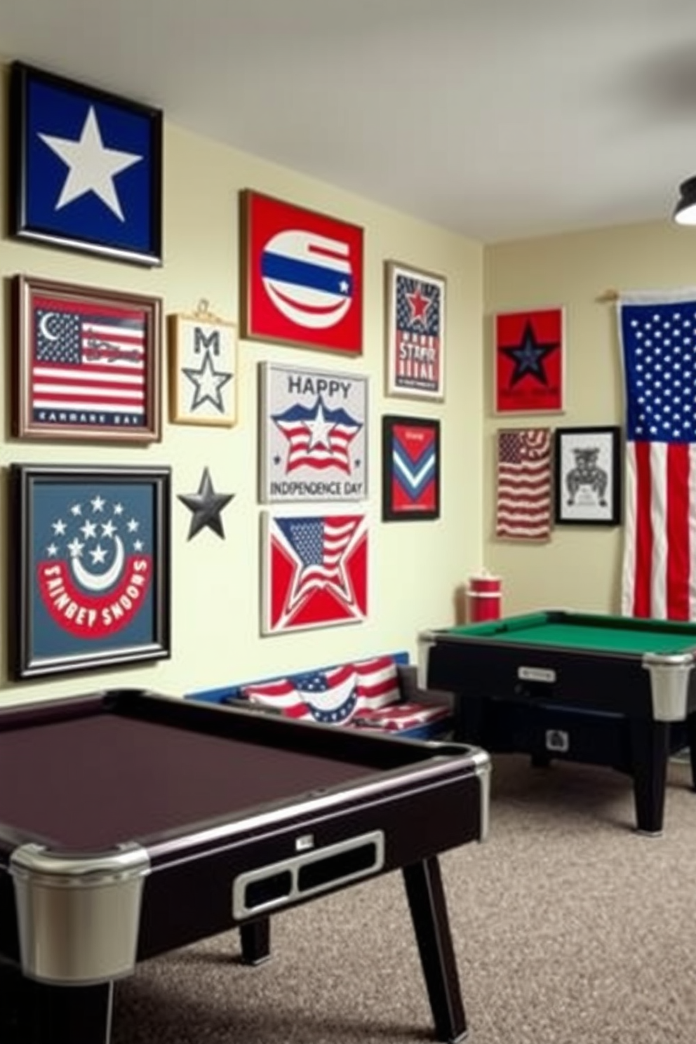 A vibrant game room adorned with patriotic themed wall art prints celebrating Independence Day. The walls feature a mix of red white and blue artwork including stars and stripes designs alongside vintage American flags.