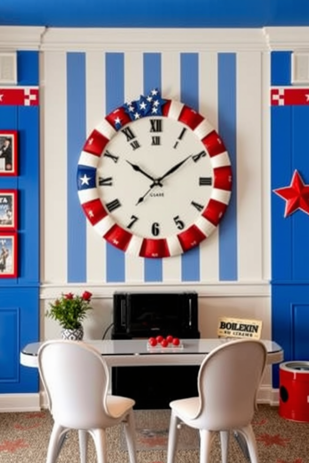 A vibrant game room featuring a stars and stripes wall clock that serves as a focal point. The walls are adorned with red, white, and blue accents, creating a festive atmosphere for Independence Day celebrations.