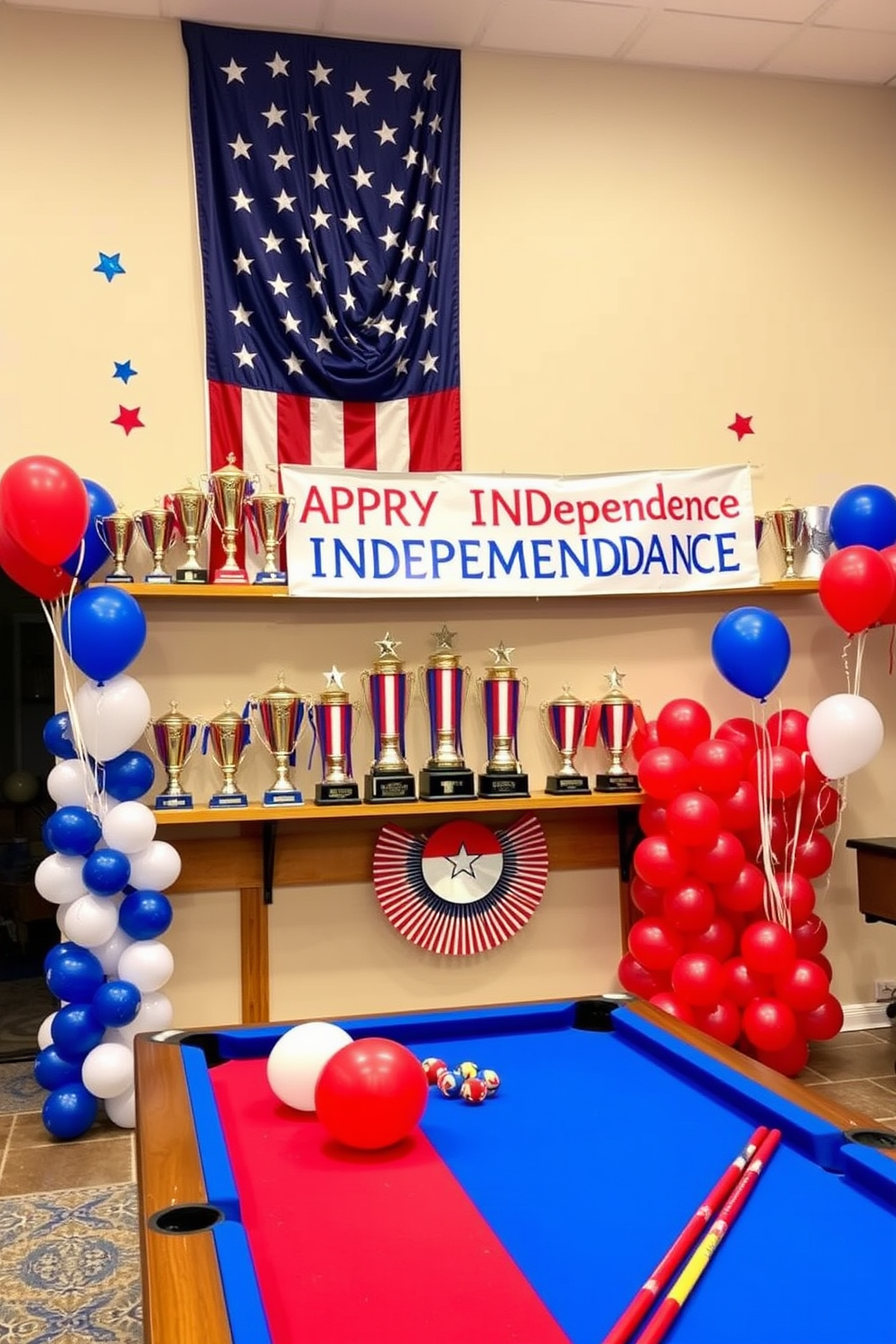 A festive Independence Day themed trophy display featuring a collection of red white and blue trophies arranged on a wooden shelf. The backdrop includes a large American flag draped elegantly and decorative stars scattered around the trophies. A vibrant Independence Day game room decorated with balloons in patriotic colors and a large banner that reads Happy Independence Day. The room includes a pool table with red white and blue felt and themed tableware set up for snacks and drinks.