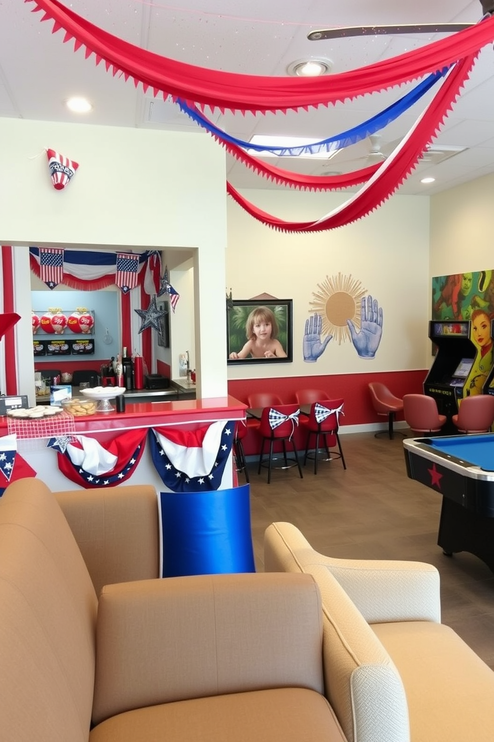 A themed snack bar celebrating Independence Day features red white and blue decor with stars and stripes accents. The bar is adorned with festive banners and a variety of snacks including patriotic cupcakes and themed drinks. The game room is designed for entertainment with comfortable seating and vibrant wall art. A pool table and arcade games are strategically placed to create a fun and inviting atmosphere.