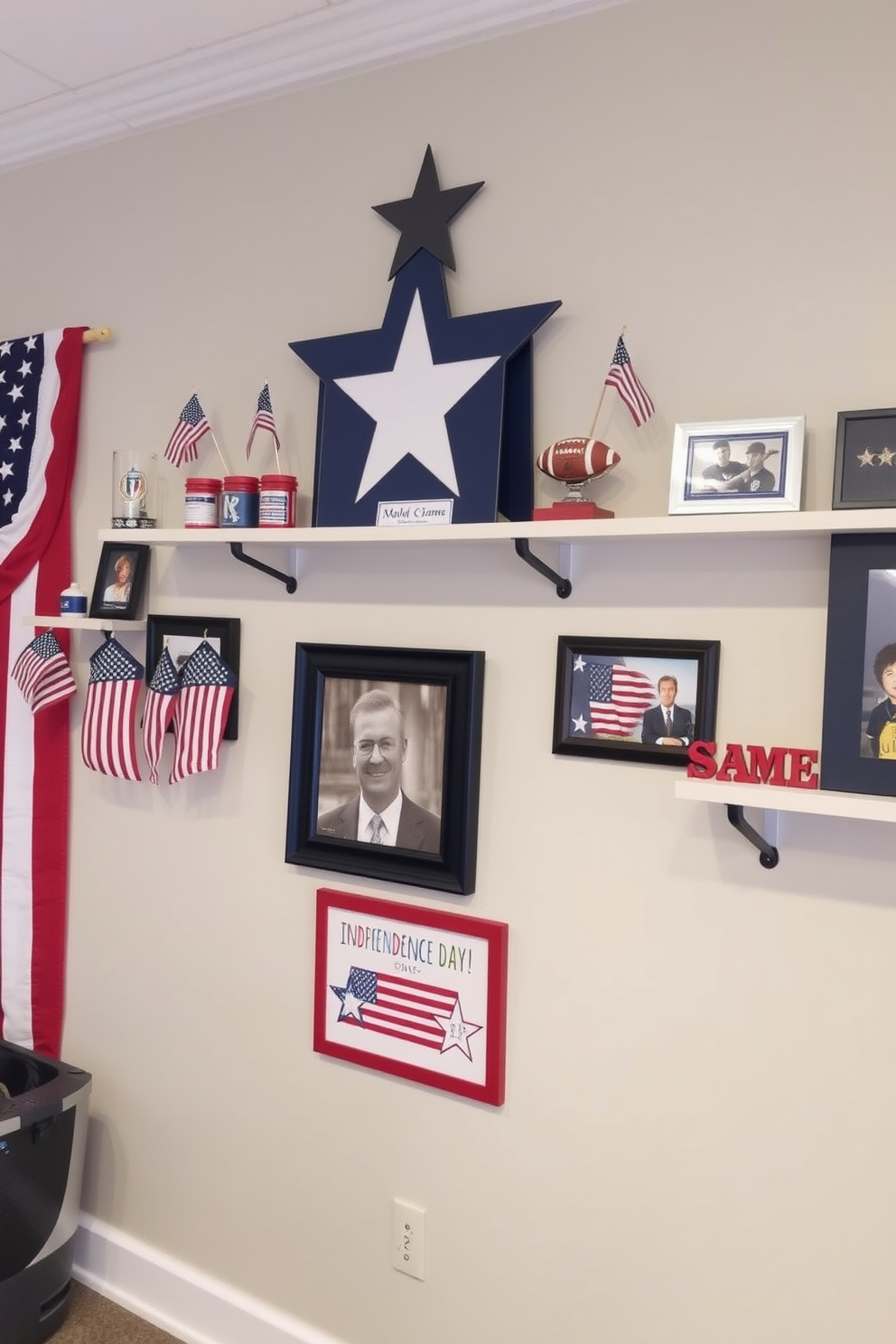 A patriotic themed game room features wall shelves adorned with red white and blue decor. The shelves display an array of themed items such as miniature flags framed photographs and sports memorabilia celebrating Independence Day.