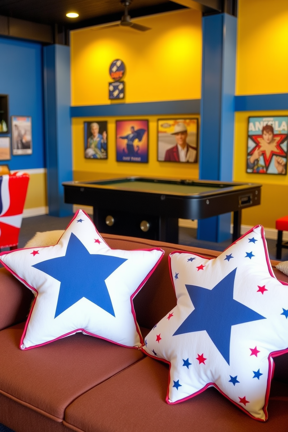 Star shaped cushions are arranged on a cozy seating area in a vibrant game room. The cushions feature red white and blue patterns celebrating Independence Day creating a festive and inviting atmosphere.