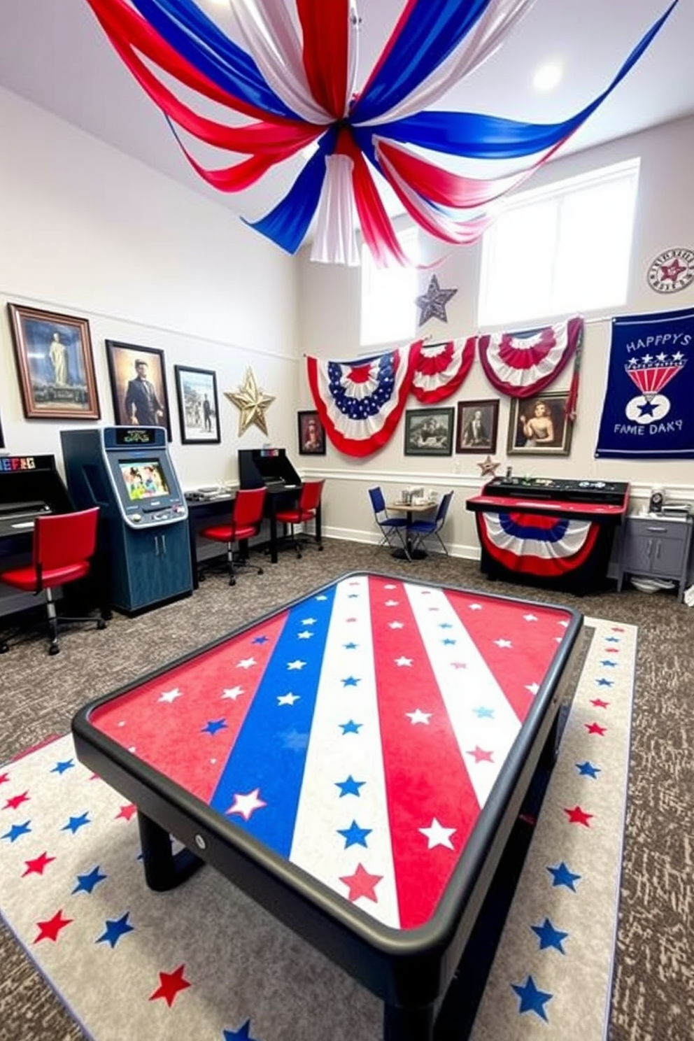 A vibrant game room designed for Independence Day features a large gaming mat in red, white, and blue with star and stripe patterns. The walls are adorned with patriotic decorations, including framed artwork and banners celebrating the holiday.