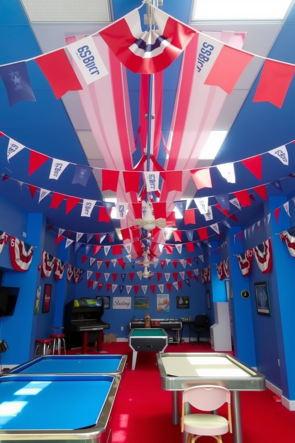 A festive game room adorned with colorful banners draped across the ceiling. The walls are painted in a patriotic blue, and the floor is covered with a vibrant red carpet.