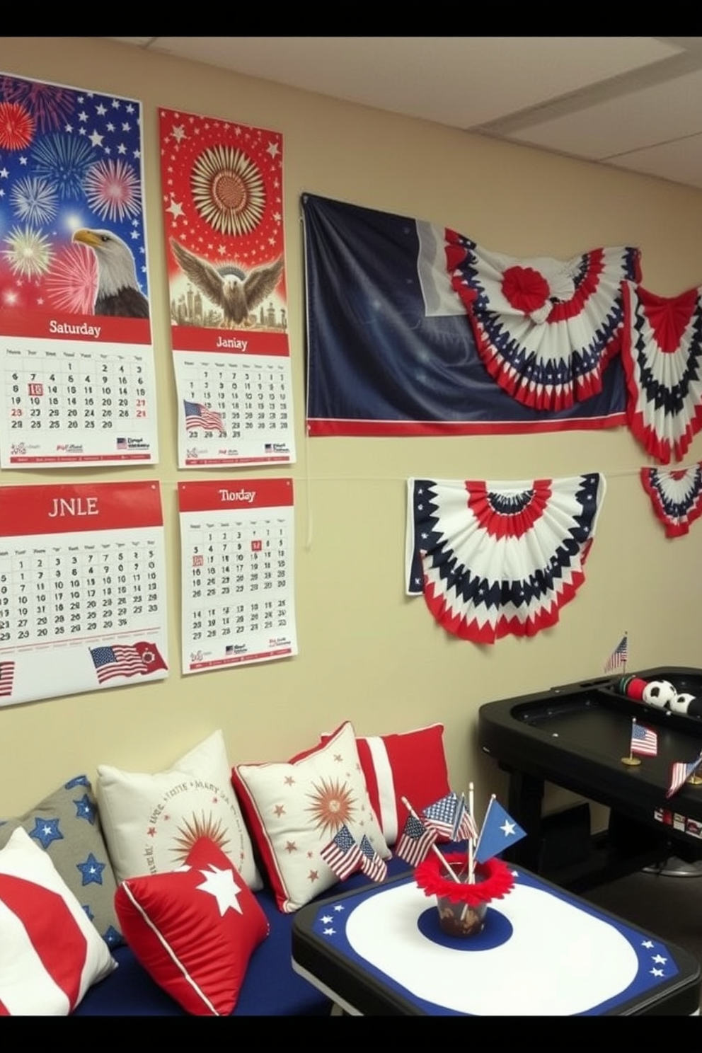 A festive Independence Day themed wall calendar featuring vibrant red white and blue colors with fireworks and stars. Each month showcases iconic symbols of freedom such as the American flag and bald eagle. A lively game room decorated for Independence Day with red white and blue accents throughout. The space includes themed cushions on the seating a patriotic banner draped across the wall and a table set up for games with festive decorations.