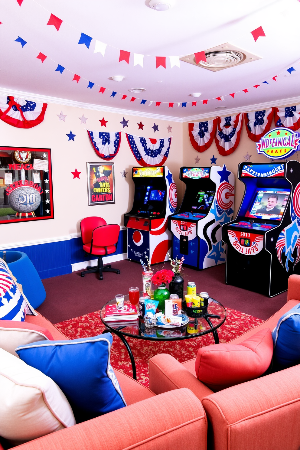 A vibrant game room filled with patriotic themed arcade games celebrating Independence Day. The walls are adorned with red, white, and blue decorations, including banners and stars, creating a festive atmosphere. An eye-catching arcade cabinet features a custom design showcasing iconic American symbols. Plush seating in coordinating colors surrounds a coffee table decorated with themed snacks and drinks, inviting friends and family to enjoy the celebration together.