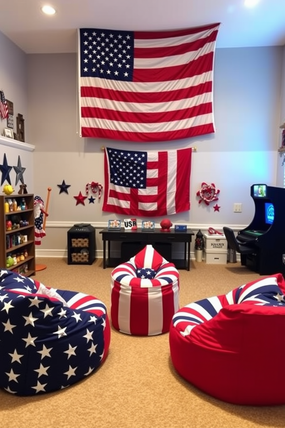 A vibrant game room featuring stars and stripes bean bag chairs that celebrate Independence Day. The walls are adorned with patriotic decorations, and a large American flag hangs prominently above a cozy gaming area.