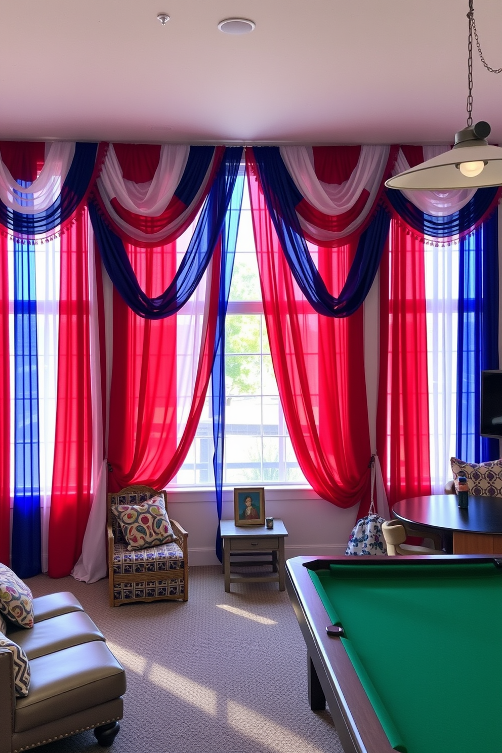 A vibrant game room adorned with colorful red white and blue curtains that celebrate Independence Day. The curtains frame large windows, allowing natural light to illuminate a space filled with playful decor and comfortable seating.