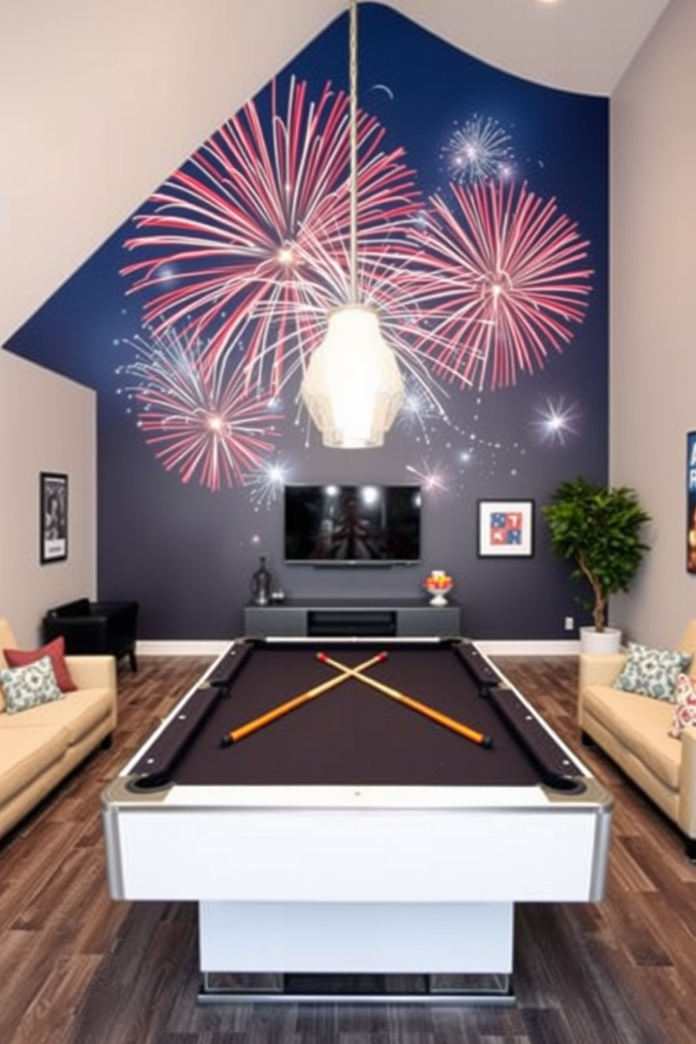 A vibrant fireworks mural spans the accent wall, bursting with colors of red, white, and blue to celebrate Independence Day. The game room features a sleek pool table in the center, surrounded by comfortable seating and playful decor that enhances the festive atmosphere.