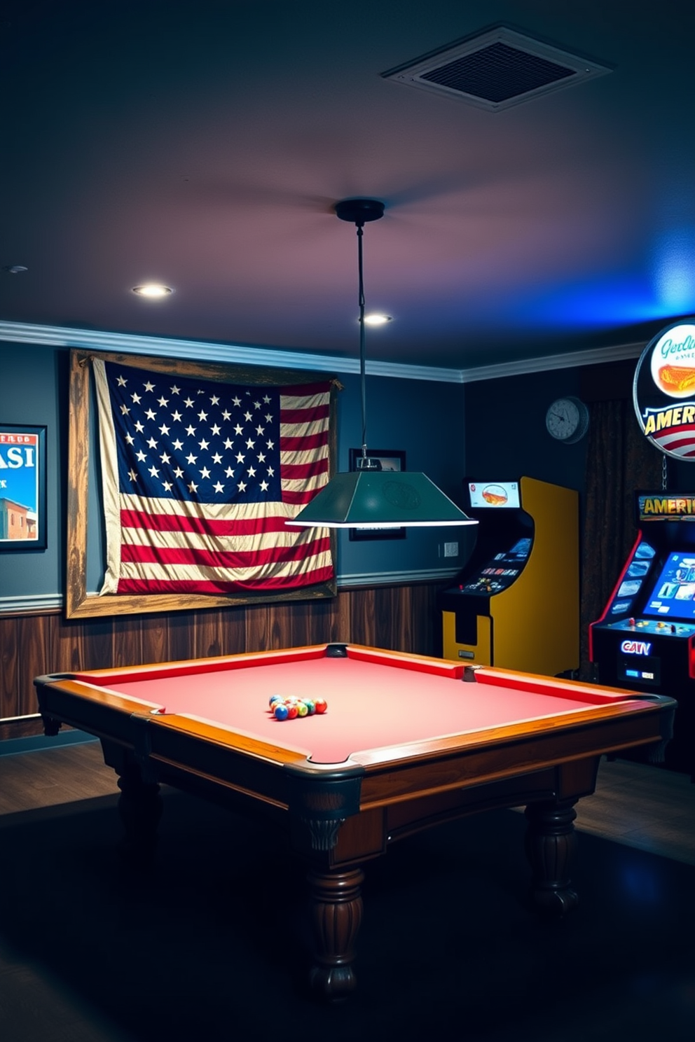 A vintage American flag is elegantly displayed in a rustic wooden frame, showcasing its rich colors and history. The game room is adorned with classic Americana decor, featuring a pool table and vintage arcade games, creating a lively and inviting atmosphere for gatherings.