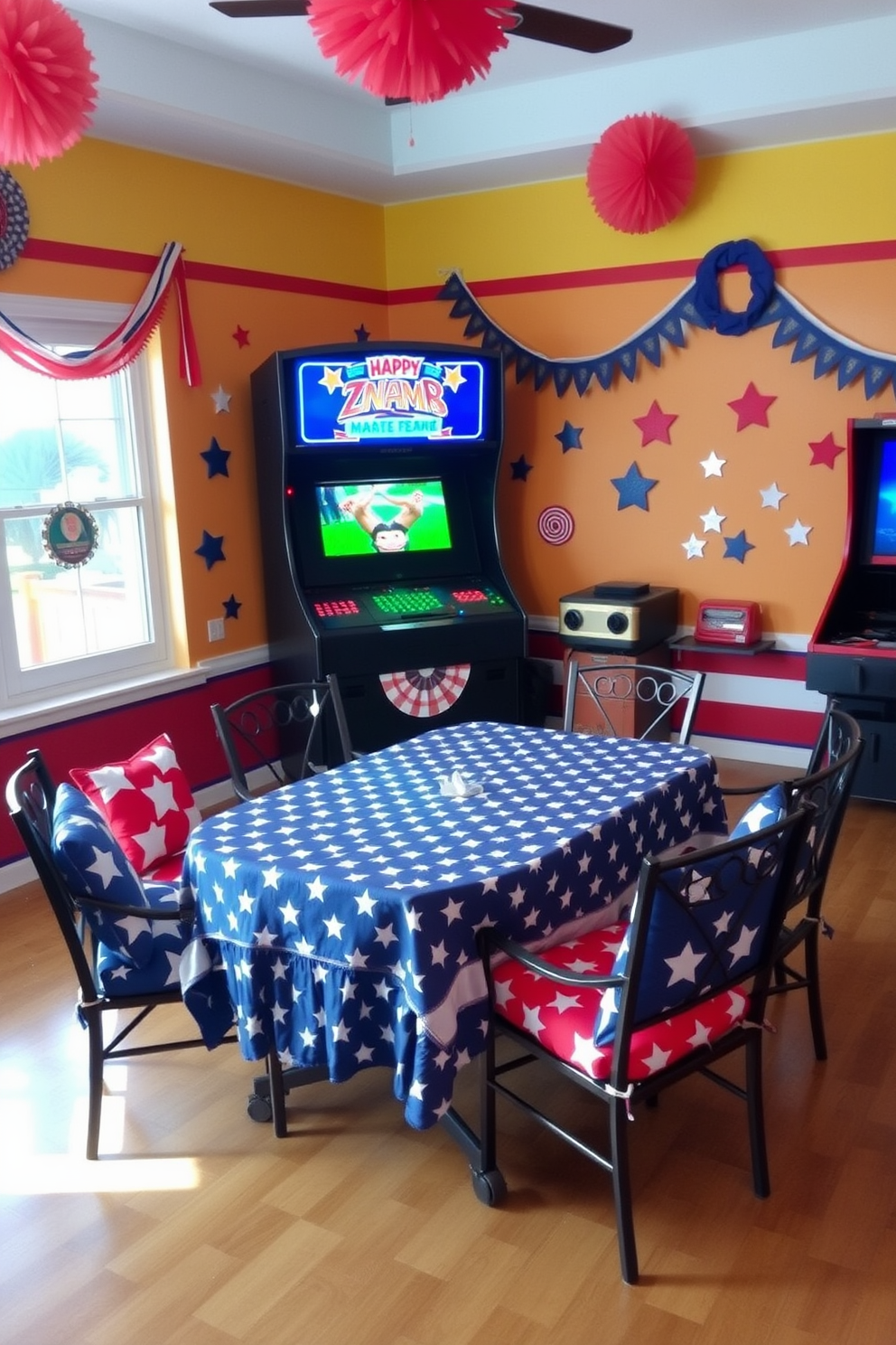 A themed game table is set up in a vibrant game room adorned with red, white, and blue decals celebrating Independence Day. The table features a patriotic tablecloth, and around it are comfortable chairs with star-patterned cushions inviting friends to gather and enjoy games together.