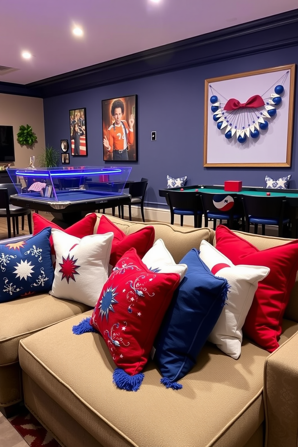 A vibrant game room adorned with red white and blue throw pillows celebrating Independence Day. The pillows are arranged on a plush sectional sofa, creating a festive and inviting atmosphere for gatherings.