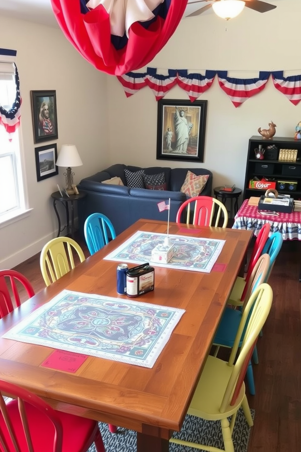 Independence Day themed board games. The room features a large wooden table surrounded by colorful chairs, adorned with red, white, and blue tablecloths and themed decorations. Independence Day Game Room Decorating Ideas. The walls are decorated with patriotic bunting and framed artwork showcasing iconic symbols of freedom, while a cozy seating area invites friends and family to gather and celebrate.