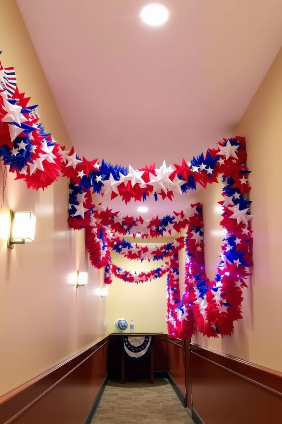 A vibrant display of red white and blue garland drapes elegantly along the hallway, celebrating the spirit of Independence Day. The garland is adorned with stars and stripes, creating a festive atmosphere that invites guests to join in the celebration.