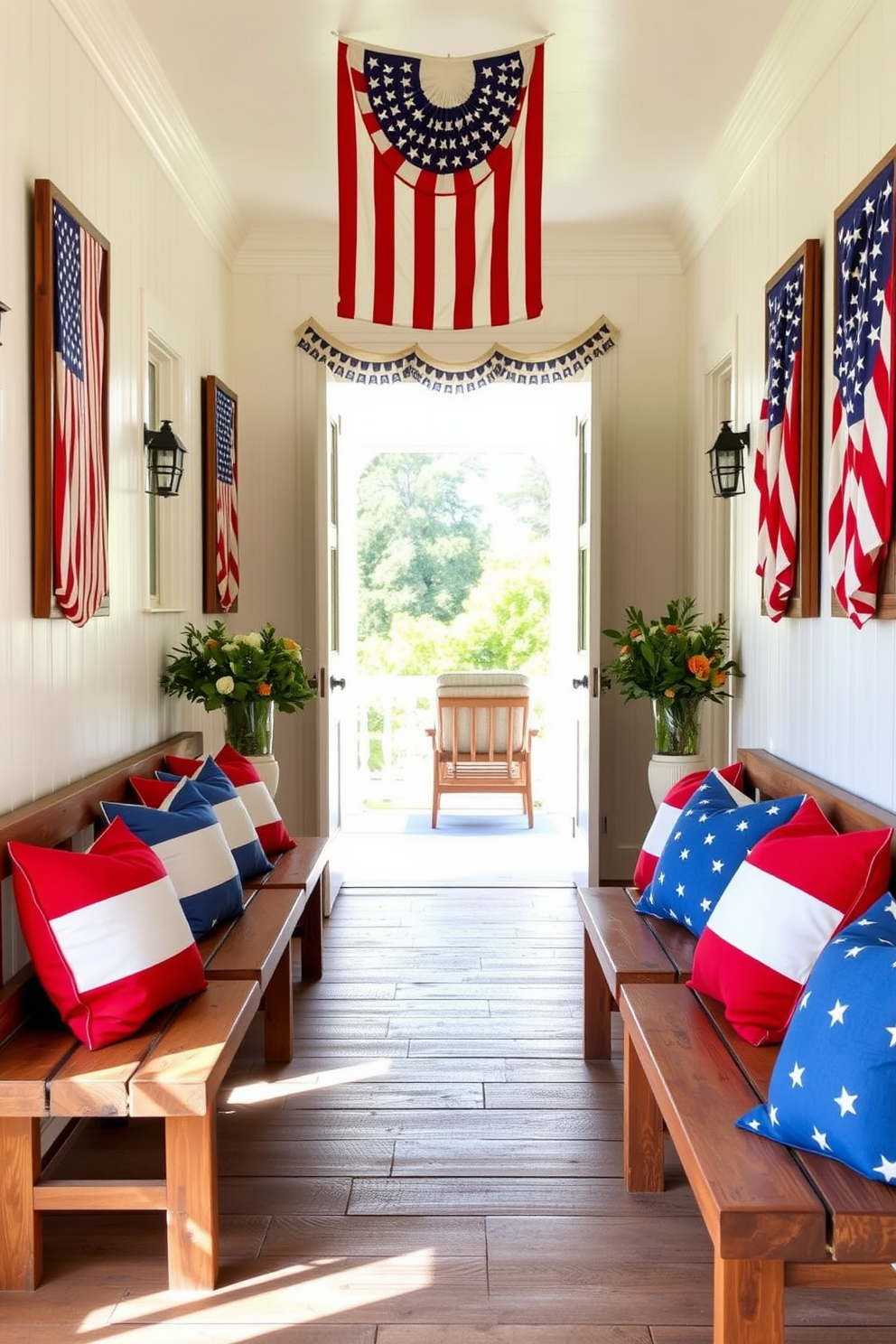 Patriotic throw pillows in vibrant red white and blue adorn rustic wooden benches placed along a sunlit hallway. The walls are decorated with framed American flags and bunting creating a festive atmosphere for Independence Day celebrations.