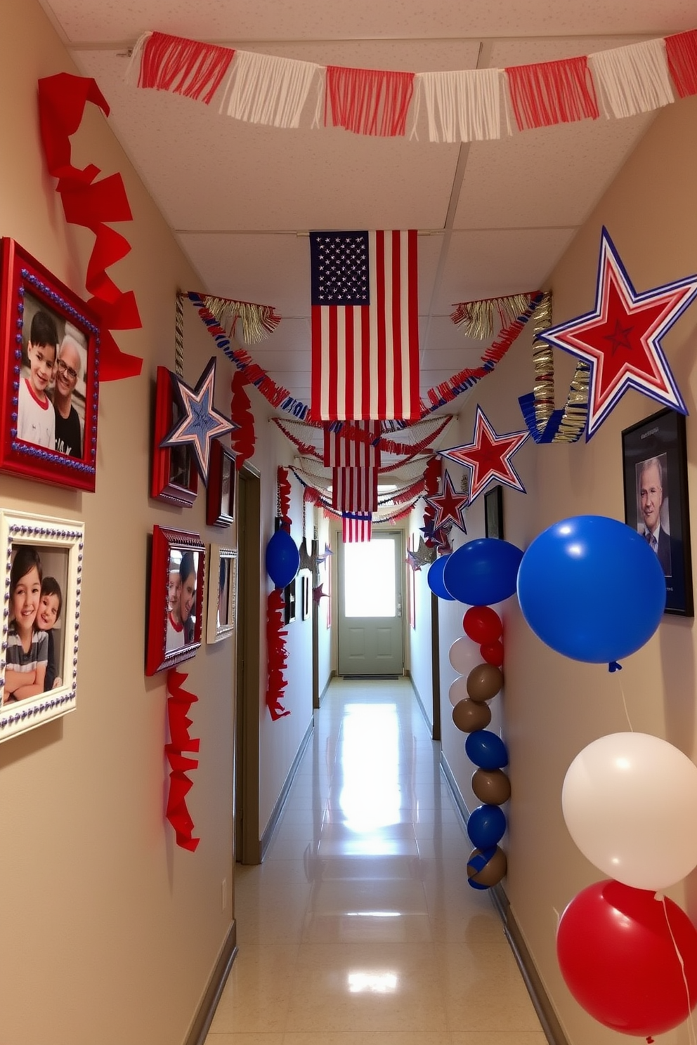 Independence Day themed photo frames adorned with red white and blue colors create a festive atmosphere. Each frame showcases family memories capturing the spirit of patriotism with stars and stripes designs. The hallway is decorated with hanging banners featuring the American flag and colorful garlands. Red white and blue balloons are strategically placed along the walls to enhance the celebratory feel.