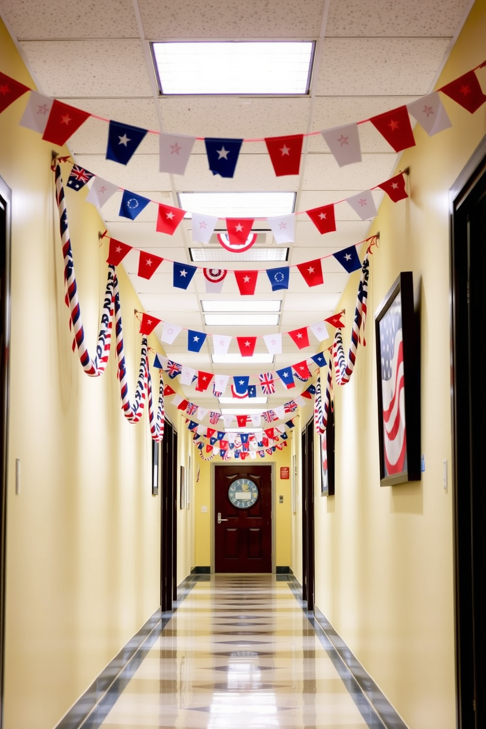 A festive hallway adorned with bunting celebrating Independence Day. The colorful flags are draped elegantly along the walls, creating a cheerful atmosphere.