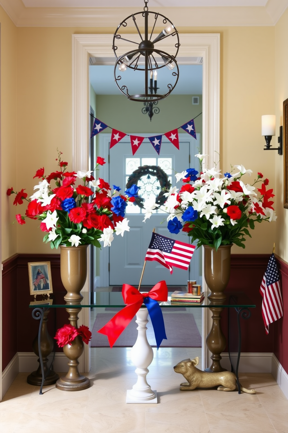 A festive hallway adorned with faux flowers in vibrant red, white, and blue colors, celebrating Independence Day. The flowers are arranged in elegant vases placed on a console table, complemented by patriotic-themed decor items.