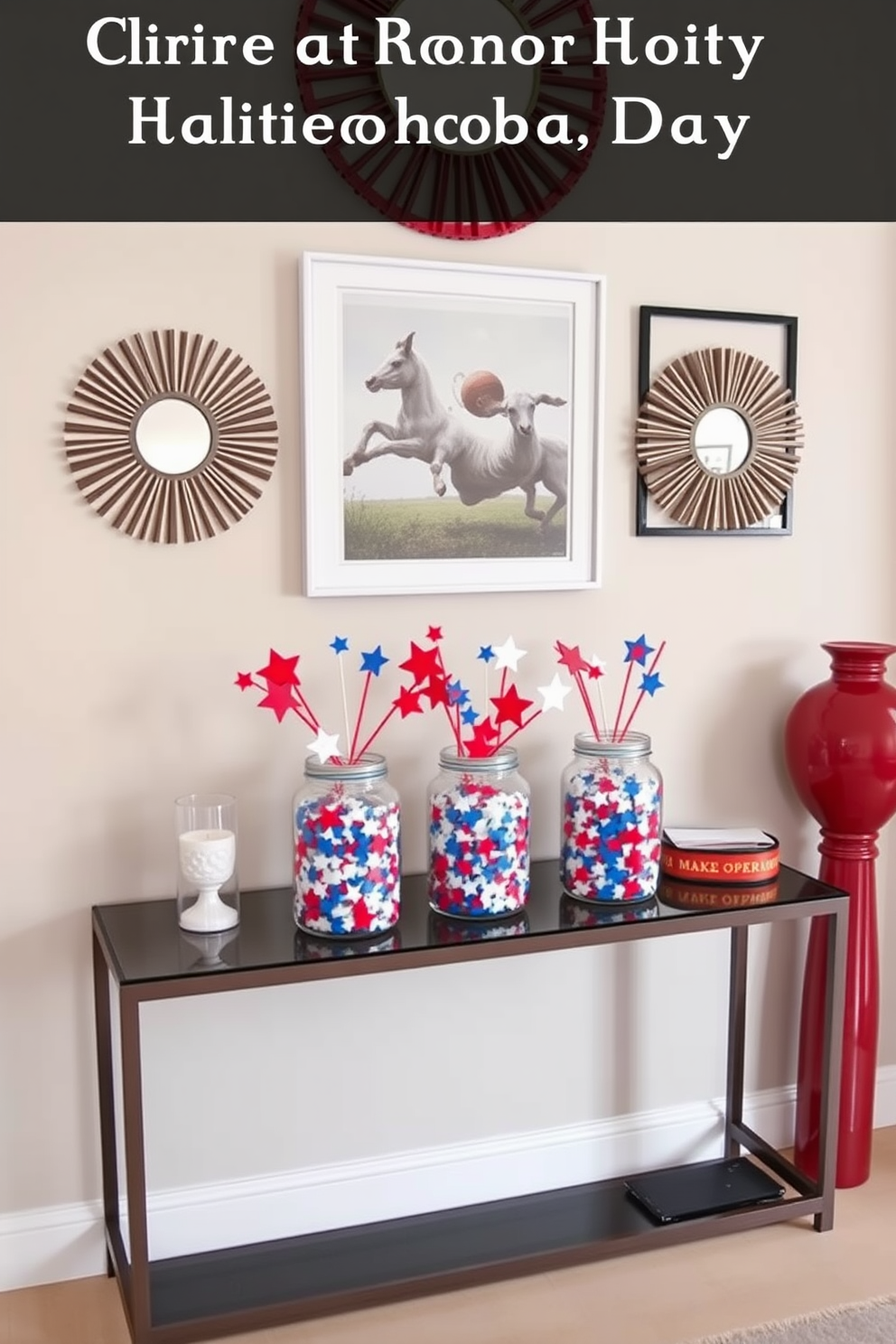 Create a festive hallway featuring decorative jars filled with colorful star confetti to celebrate Independence Day. The jars are arranged on a sleek console table, complemented by red, white, and blue accents throughout the space.