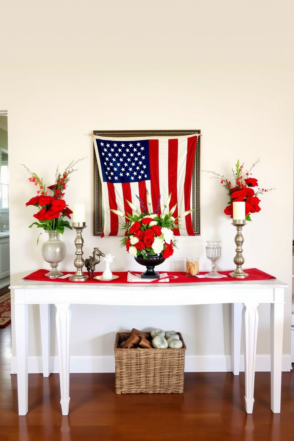 An elegant entryway table adorned with a vibrant flag centerpiece celebrating Independence Day. The table is styled with red, white, and blue decor, complemented by fresh flowers and decorative candles on either side.