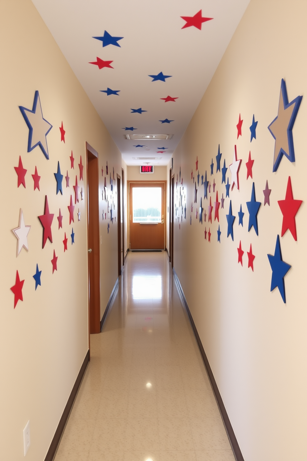 Star shaped wall decals create a festive atmosphere in the hallway with their vibrant colors and playful design. These decals can be strategically placed along the walls to enhance the patriotic theme for Independence Day celebrations.