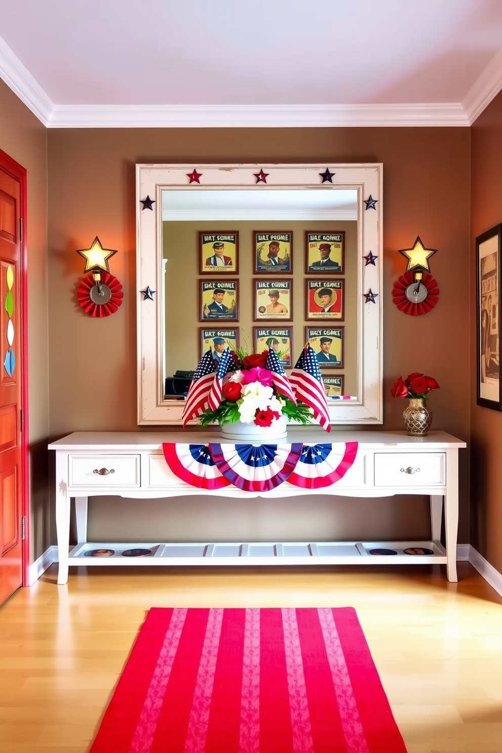 A patriotic themed entryway features a large mirror framed in distressed white wood adorned with red, white, and blue accents. Flanking the mirror are decorative wall sconces shaped like stars, illuminating a console table topped with a vibrant arrangement of American flags and seasonal flowers. The hallway is decorated with a series of framed vintage patriotic posters, adding a nostalgic touch to the space. A red runner rug with white stripes leads the way, creating a warm and inviting atmosphere for guests celebrating Independence Day.