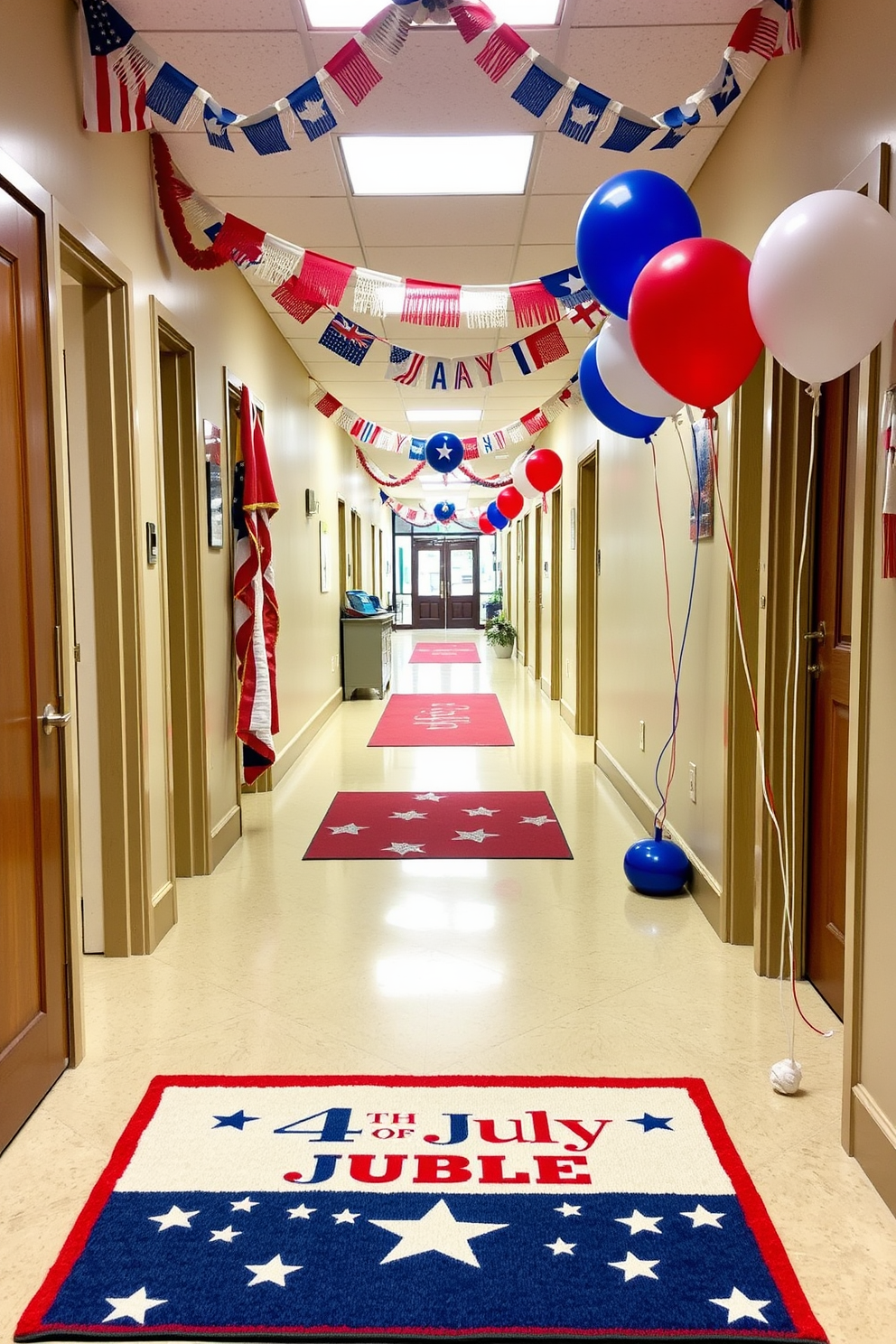 A festive Fourth of July themed welcome mat greets guests with vibrant red white and blue colors. The mat features stars and stripes designs that evoke a sense of patriotism and celebration. In the hallway, decorative elements such as hanging banners and garlands create a lively atmosphere. Red white and blue balloons are strategically placed to enhance the festive spirit of Independence Day.