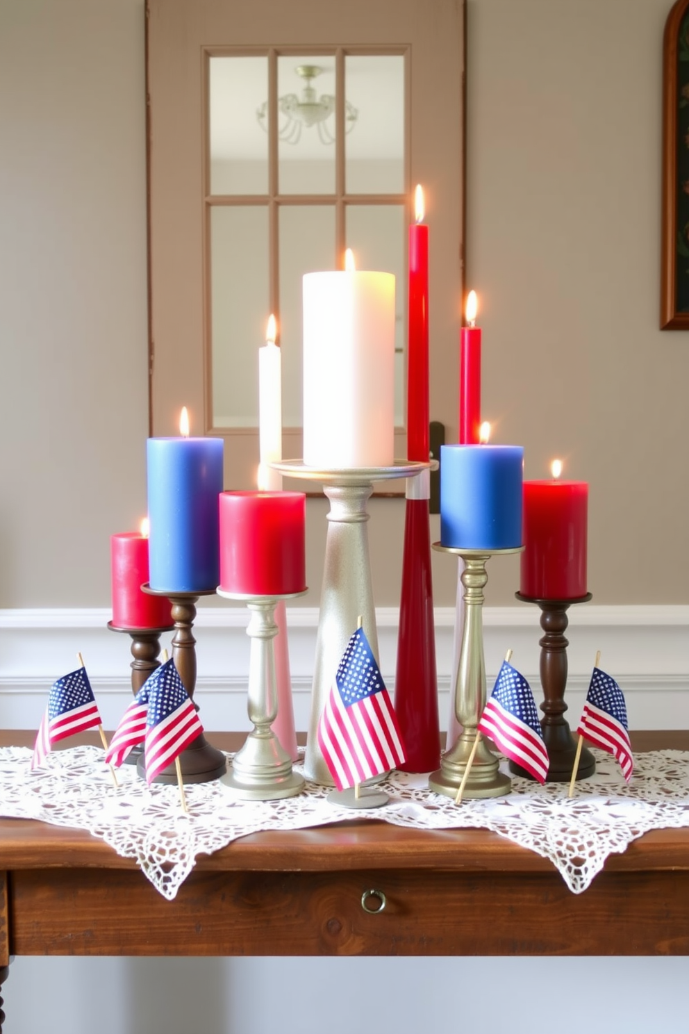 Create a festive hallway display featuring an arrangement of red white and blue candles of varying heights. The candles should be grouped together on a rustic wooden table adorned with a white lace runner and surrounded by small American flags for a patriotic touch.