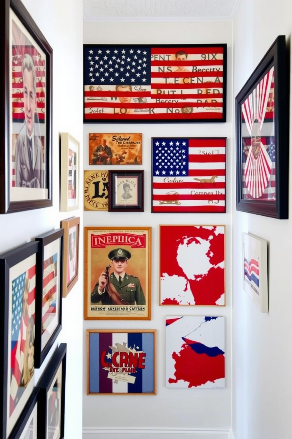 A patriotic themed wall art collage features a mix of framed American flags, vintage military posters, and red white and blue abstract art pieces. The collage is arranged creatively along a hallway, with each piece thoughtfully spaced to create a harmonious flow that celebrates Independence Day.