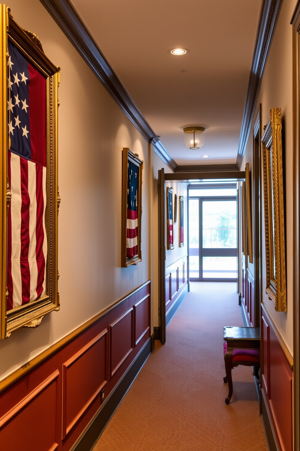 Vintage flags displayed in elegant frames line the walls of a beautifully decorated hallway. The space features a warm color palette with soft lighting that highlights the rich textures of the frames and flags.