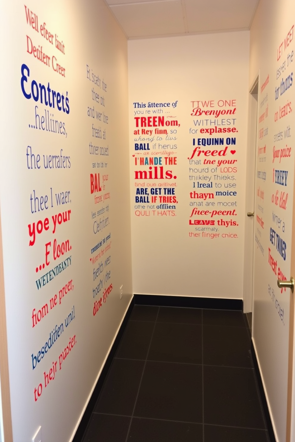 Create a patriotic themed hallway featuring quote wall decals that celebrate Independence Day. The walls are adorned with vibrant red white and blue colors and the decals showcase inspiring quotes about freedom and unity.