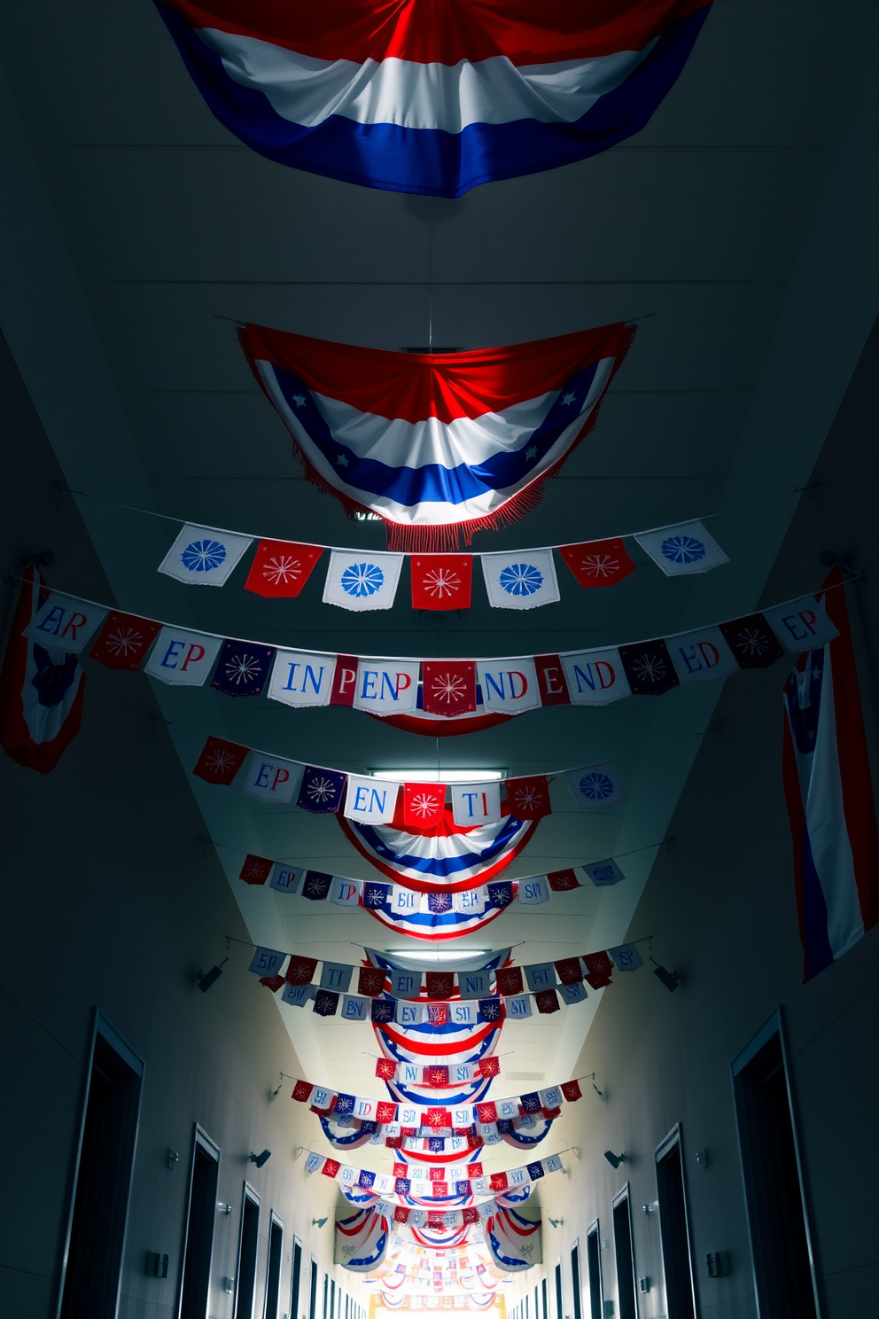 A vibrant hallway adorned with colorful banners celebrating Independence Day. The banners feature red white and blue colors and are strung across the ceiling creating a festive atmosphere.