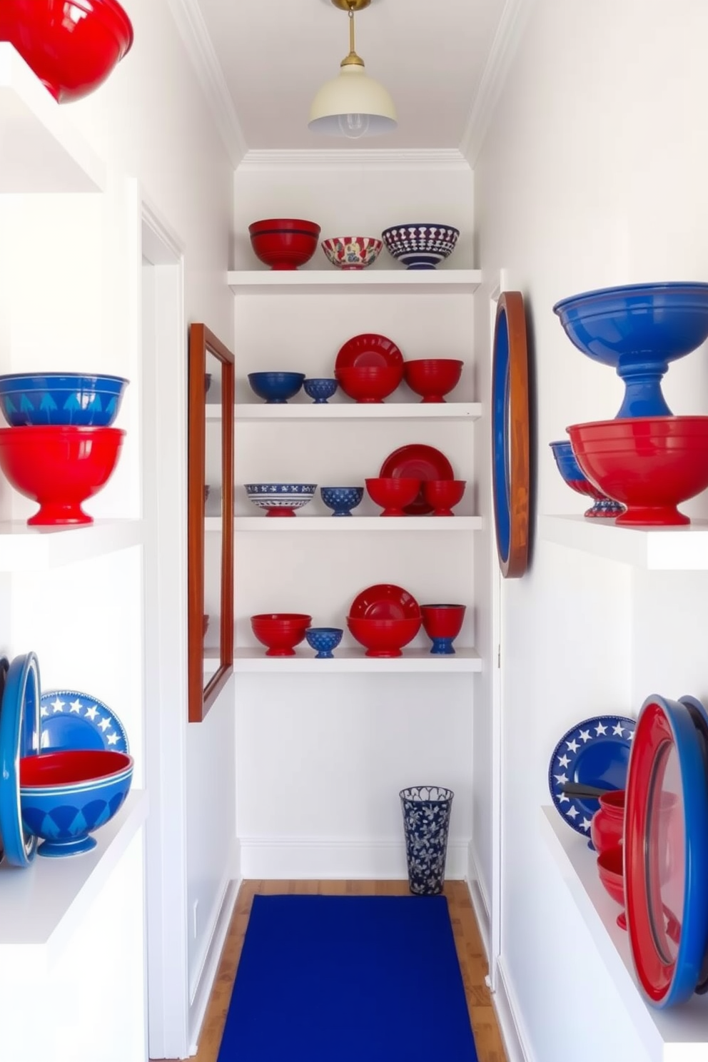 A vibrant hallway adorned with red and blue decorative bowls displayed on floating shelves. The walls are painted in a crisp white, creating a festive atmosphere for Independence Day celebrations.